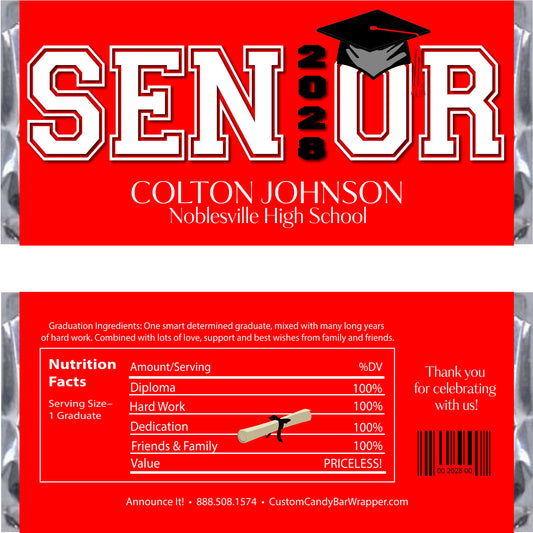 Graduation-themed candy bar wrapper with 'SENIOR 2020' design on a red background