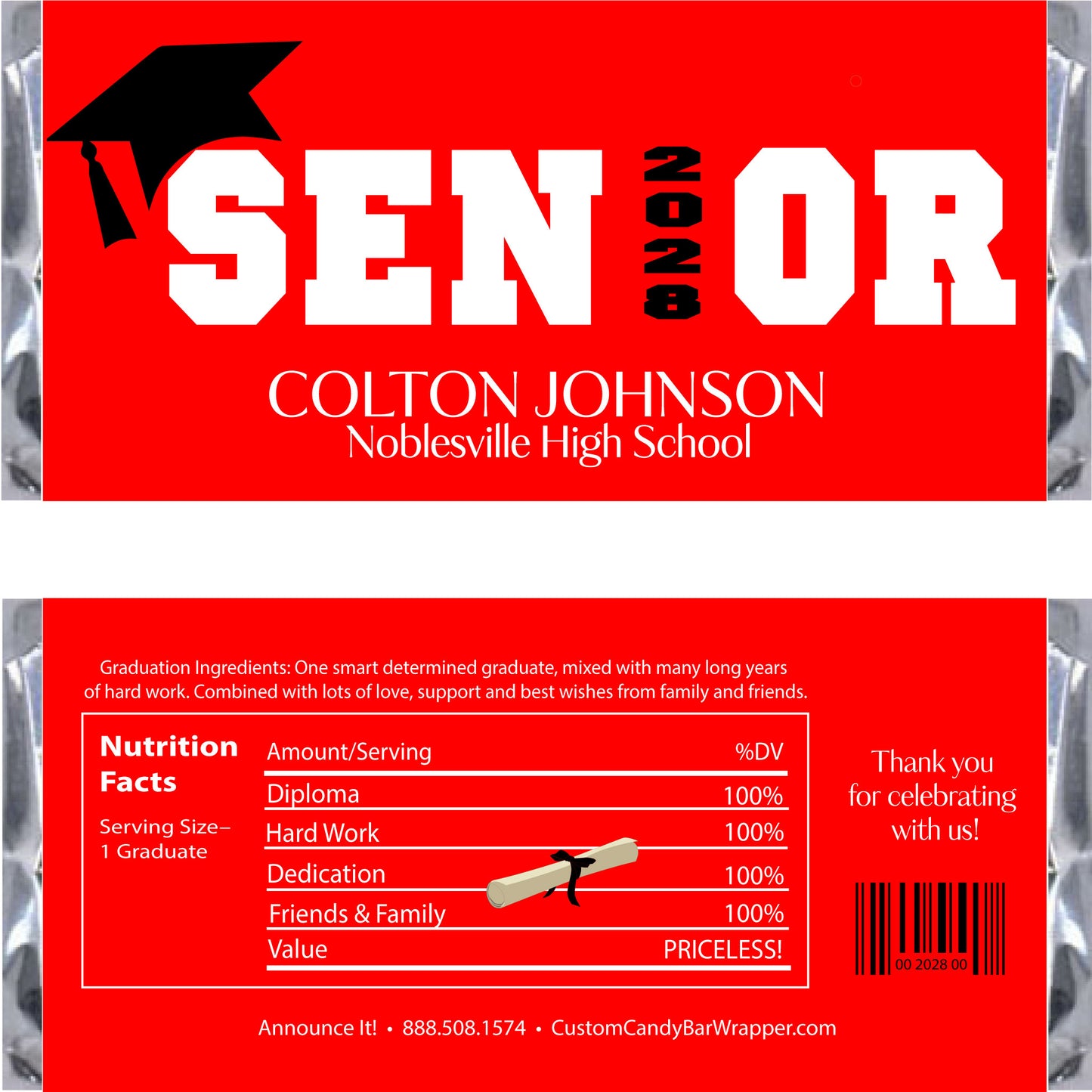 Graduation-themed candy bar wrapper with personalized text on a red background