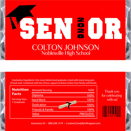 Graduation-themed candy bar wrapper with personalized text on a red background
