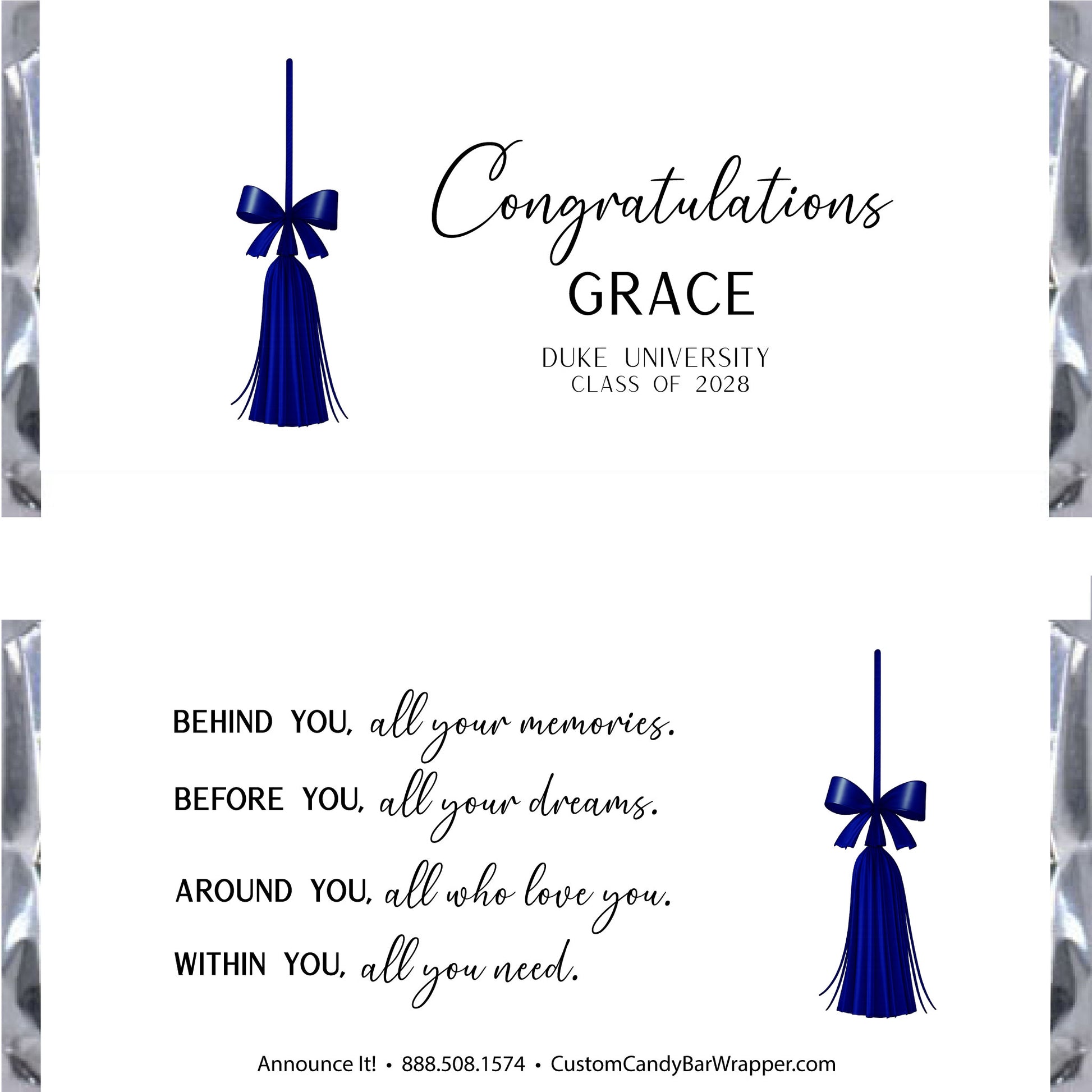 Graduation-themed candy bar wrapper with tassel and bow design, featuring text congratulating 'Grace' from Duke University.