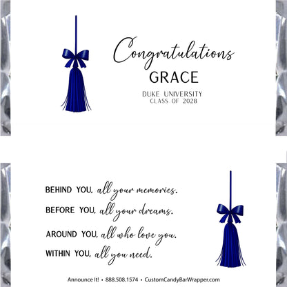 Graduation-themed candy bar wrapper with tassel and bow design, featuring text congratulating 'Grace' from Duke University.