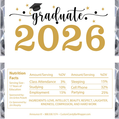 Graduation-themed candy bar wrapper with 'graduate 2026' text and nutrition facts.