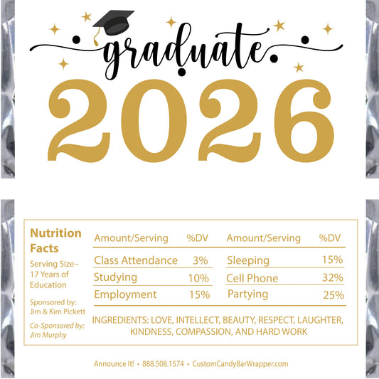 Graduation-themed candy bar wrapper with 'graduate 2026' text and nutrition facts.