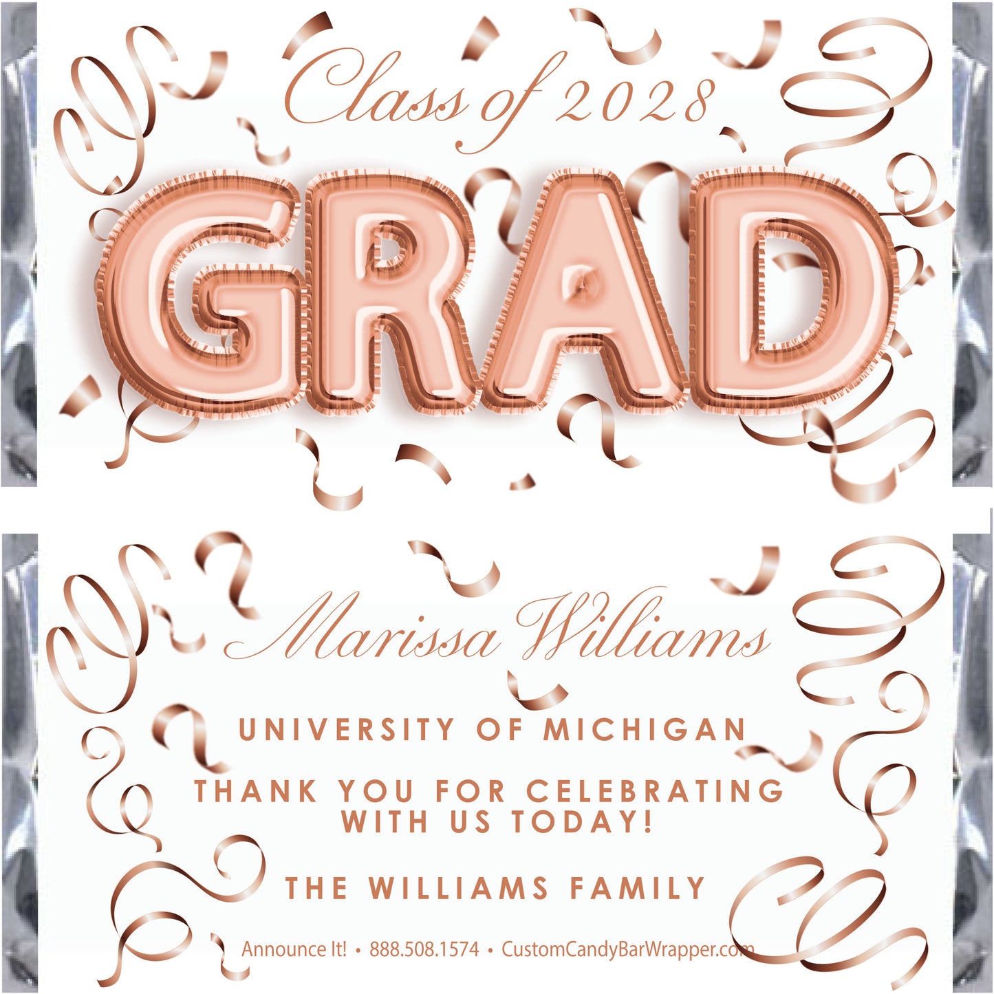 Graduation-themed candy bar wrapper with 'GRAD' text and rose gold accents.
