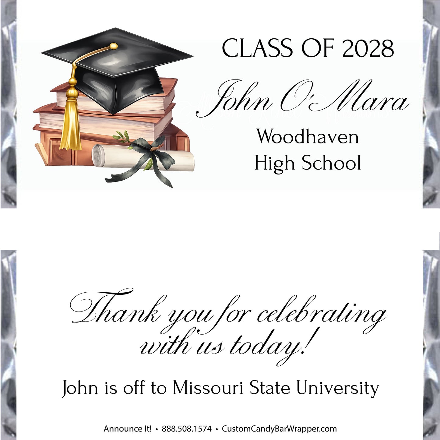 Graduation-themed candy bar wrapper with cap, books, and diploma on a white background