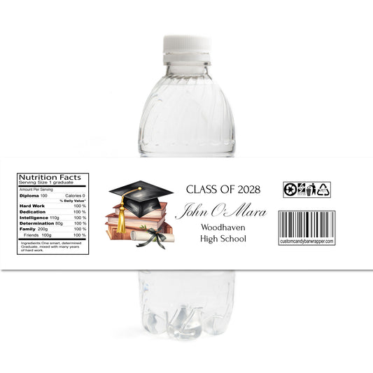 Clear water bottle with graduation-themed label on a white background