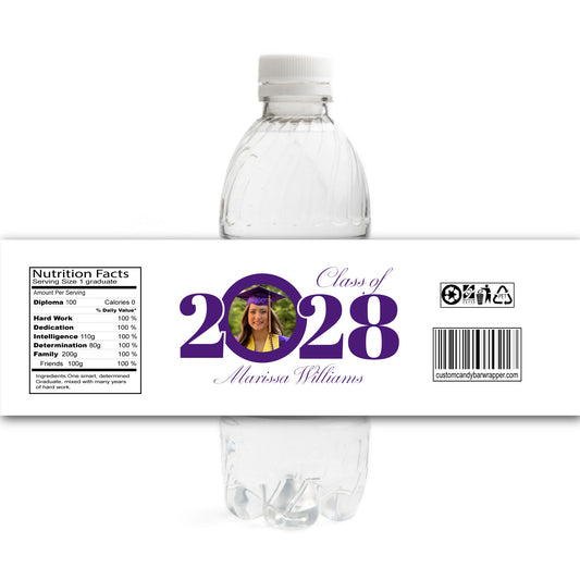 Clear water bottle with a label featuring 'Class of 2028' and a photo of a graduate, on a white background.