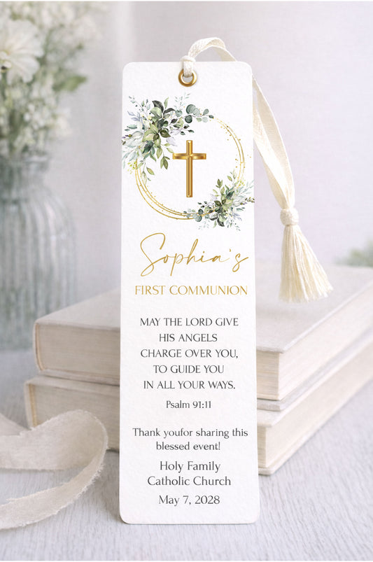 Personalized First Communion bookmark with floral design and tassel on a white background