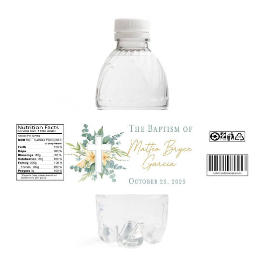 Greenery Cross Baptism Water Bottle Labels