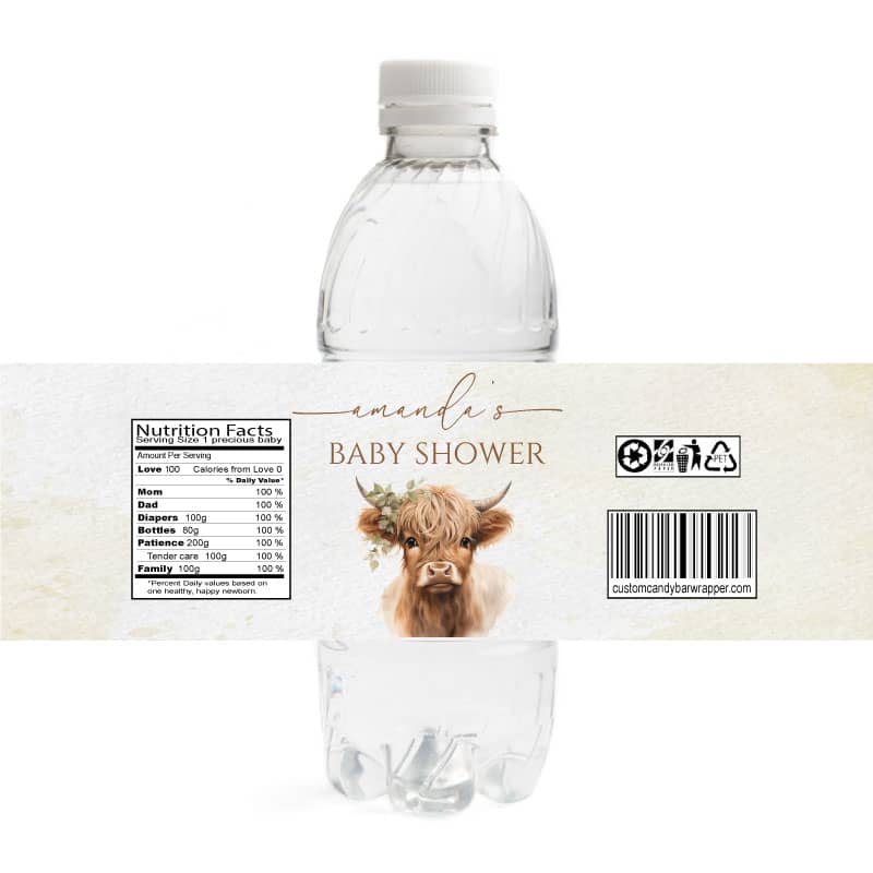 Highland Cow Baby Shower Water Bottle Labels