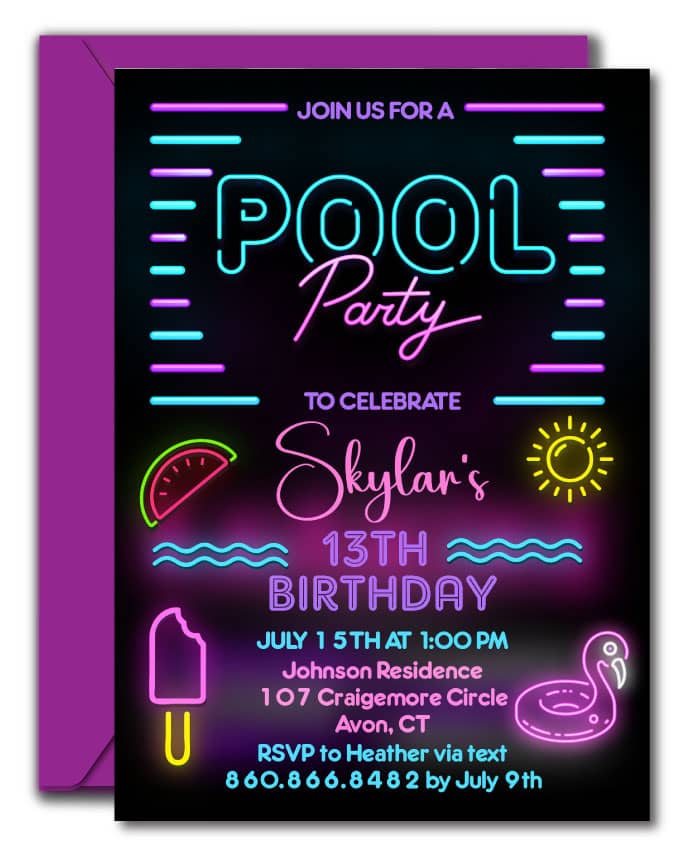 Neon Pool Party Birthday Invitation