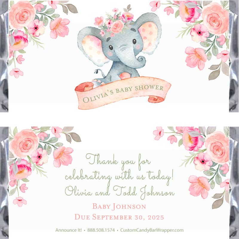Pink Elephant Baby Shower Candy Bar Wrappers