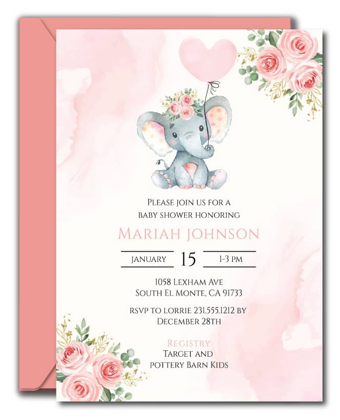 Pink Elephant Baby Shower Invitation