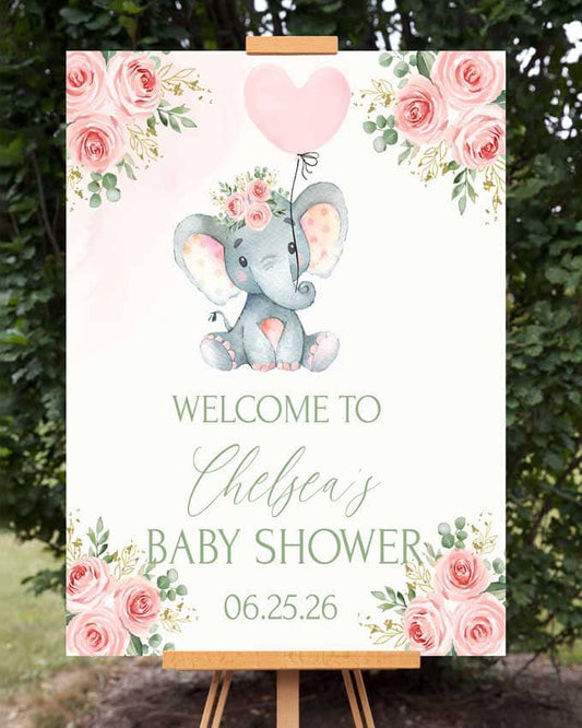 Pink Elephant Baby Shower Welcome Sign