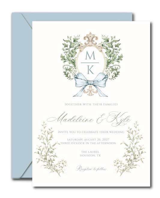 Wedding invitation card with decorative elements and envelope