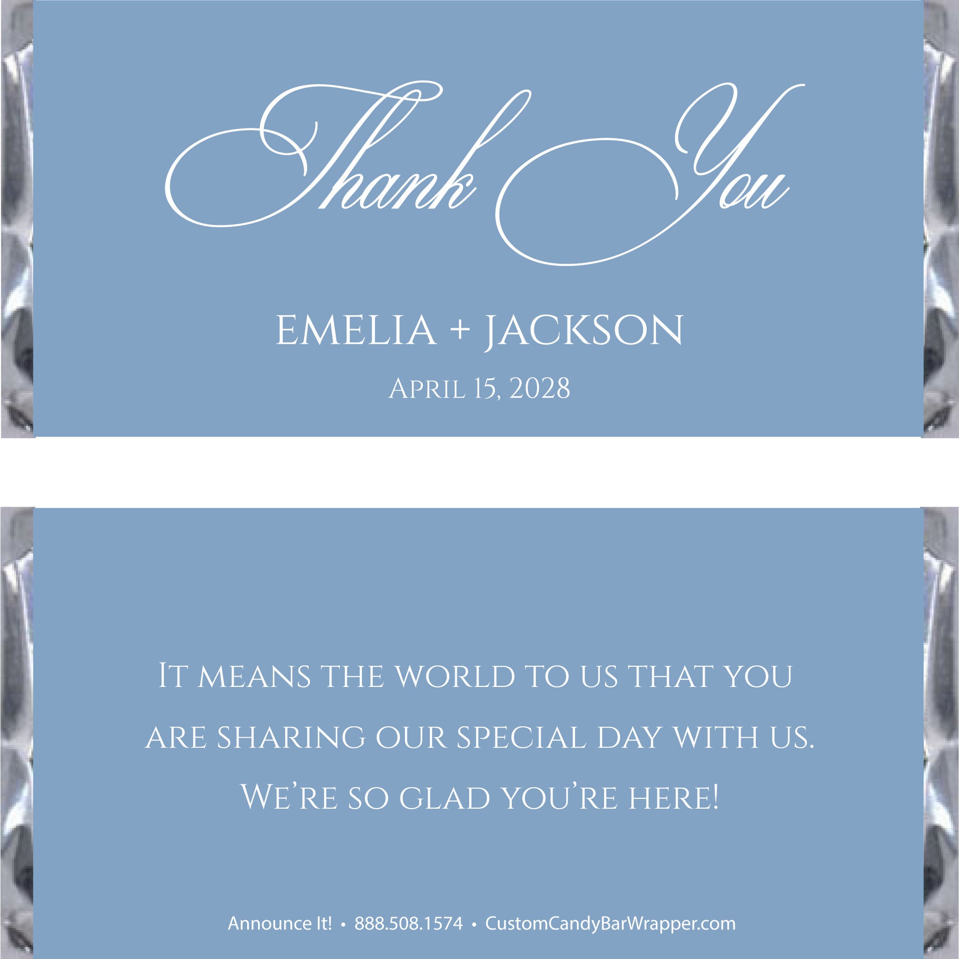 Thank you wedding candy bar wrappers in dusty blue