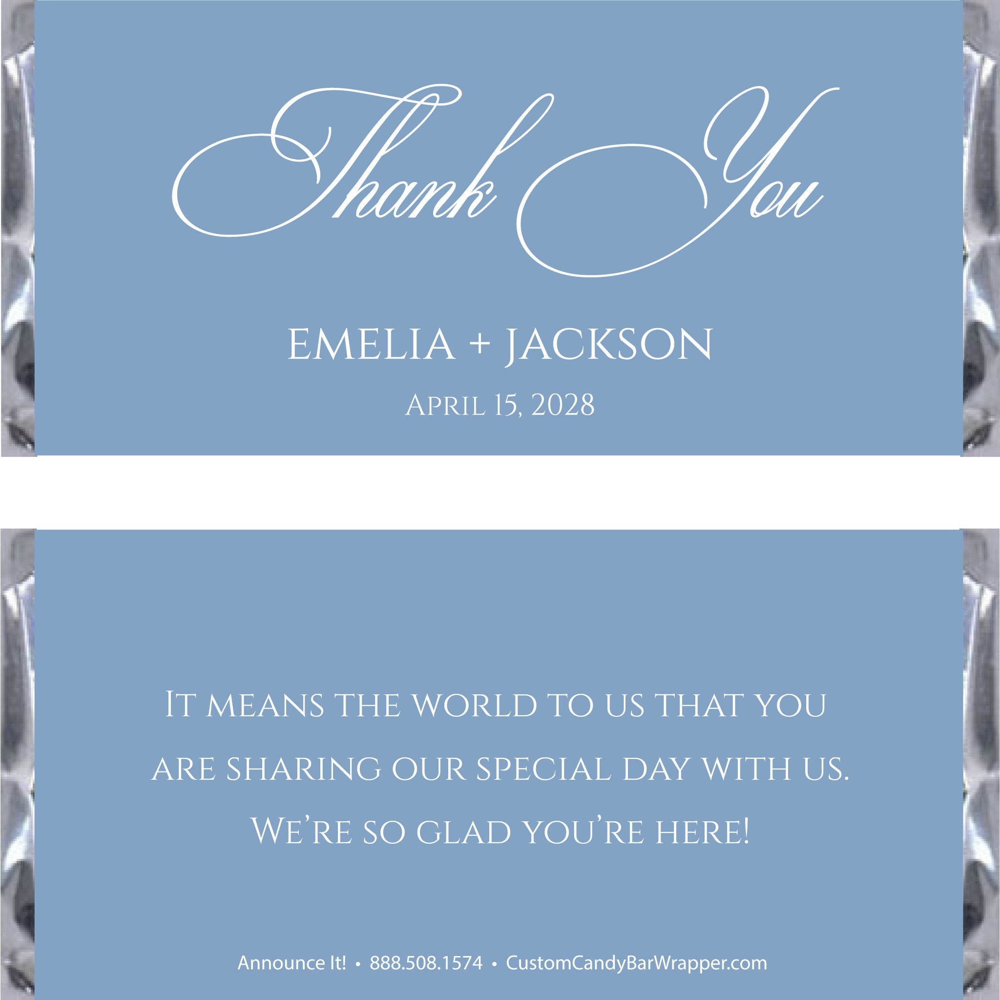 Thank you wedding candy bar wrappers in dusty blue