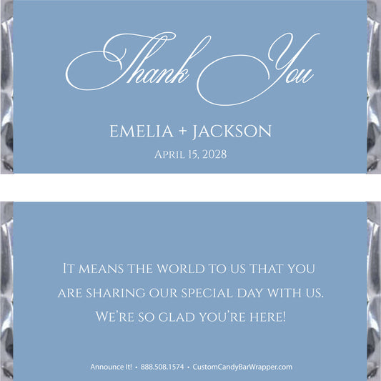 Thank you wedding candy bar wrappers in dusty blue