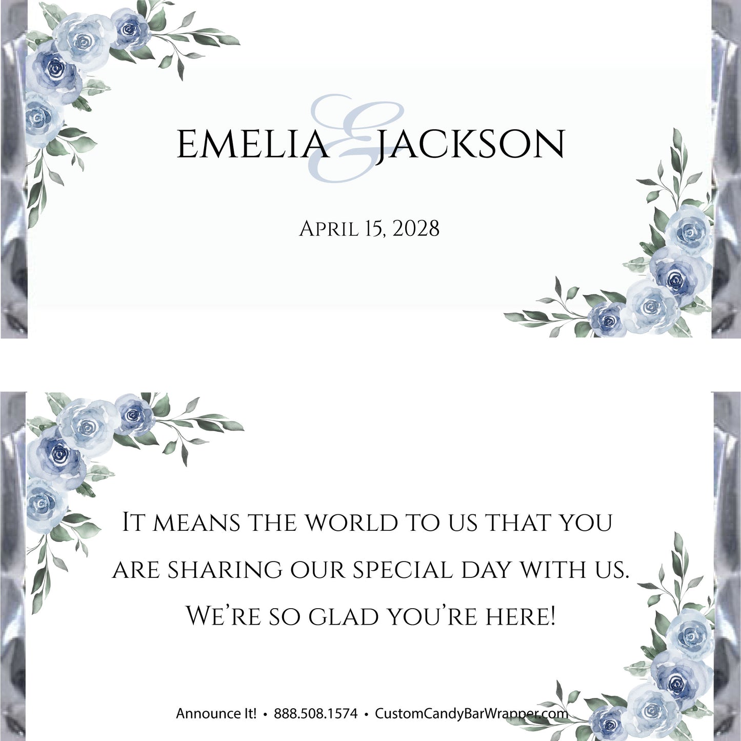 Dusty Blue Floral Wedding Candy Bar Wrappers
