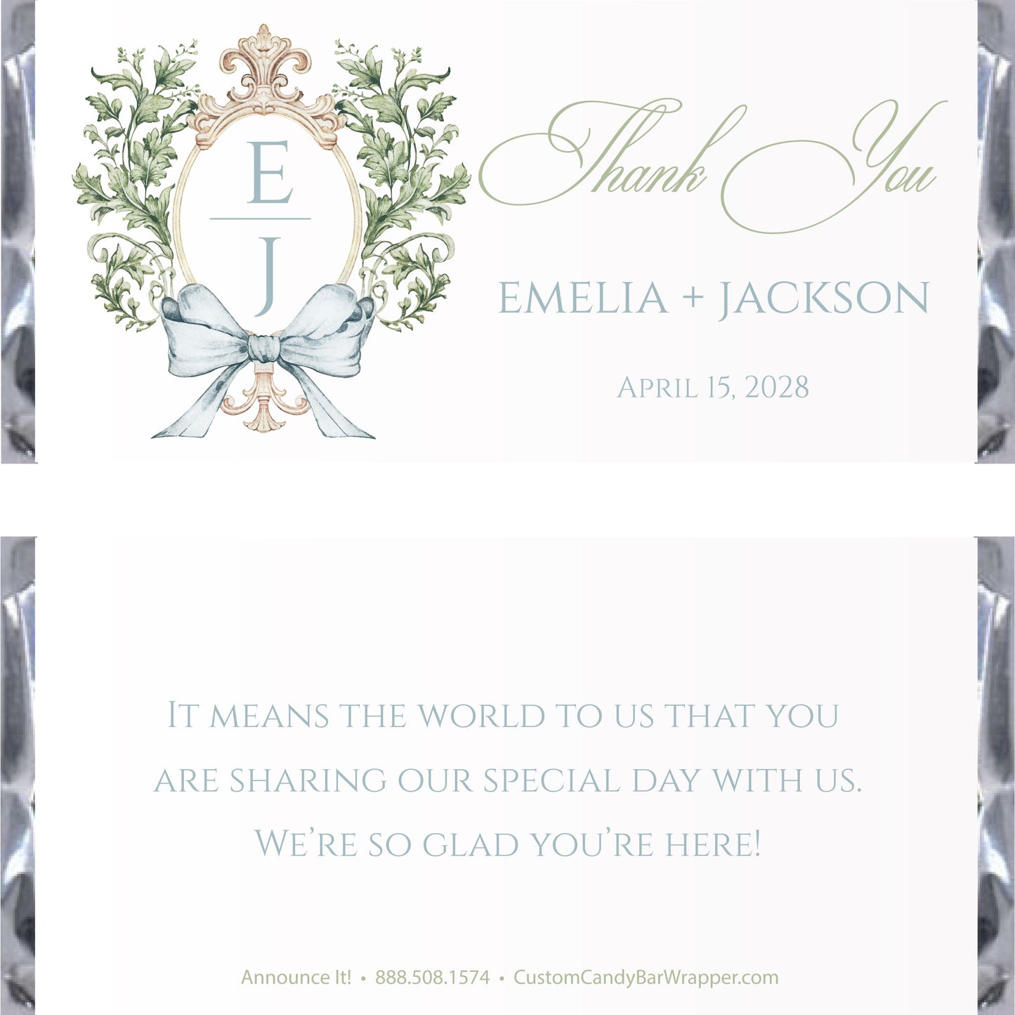 Custom wedding thank you candy bar wrapper featuring a monogrammed floral wreath with a light blue ribbon bow, elegant script text, and personalized event details on a white background.