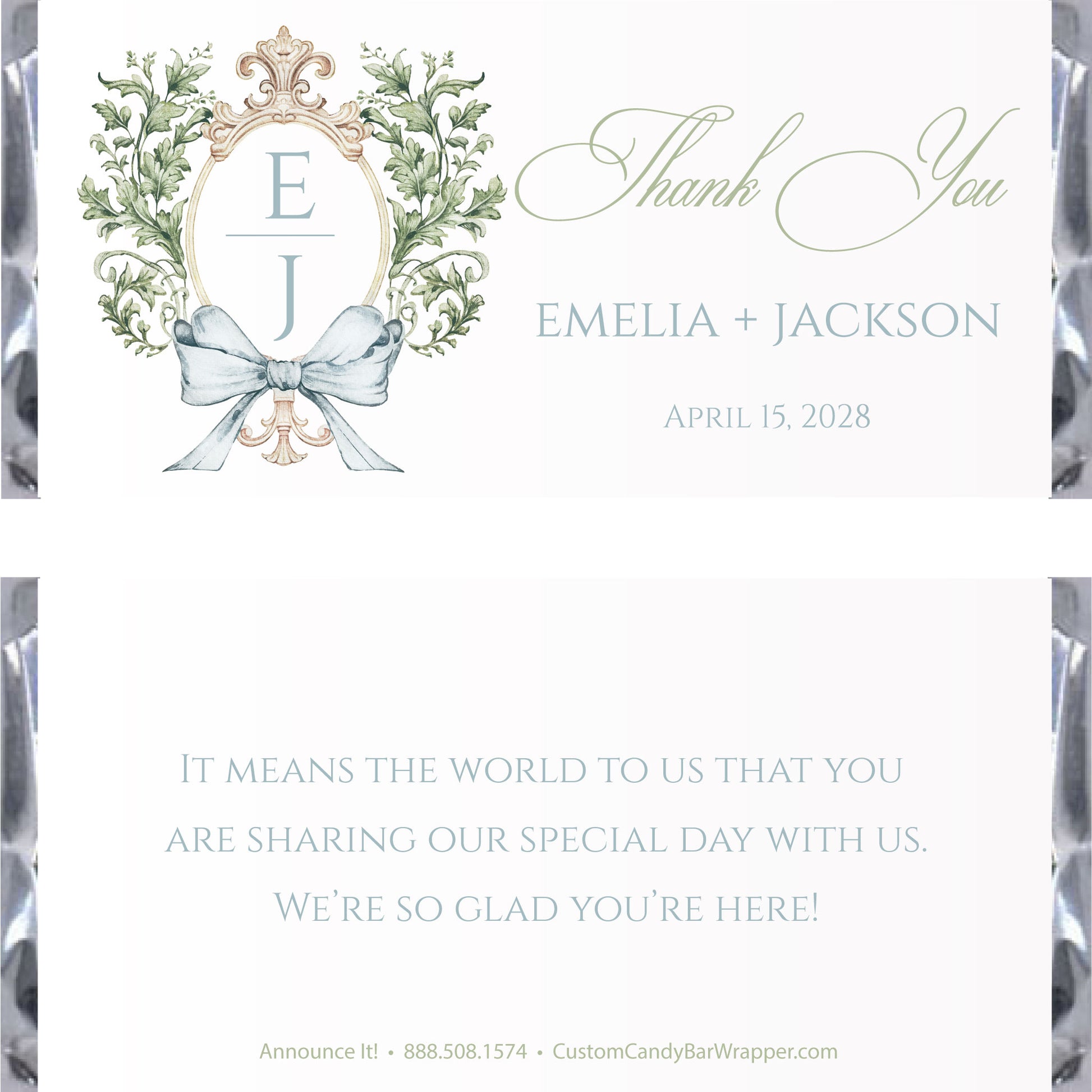 Custom wedding thank you candy bar wrapper featuring a monogrammed floral wreath with a light blue ribbon bow, elegant script text, and personalized event details on a white background.