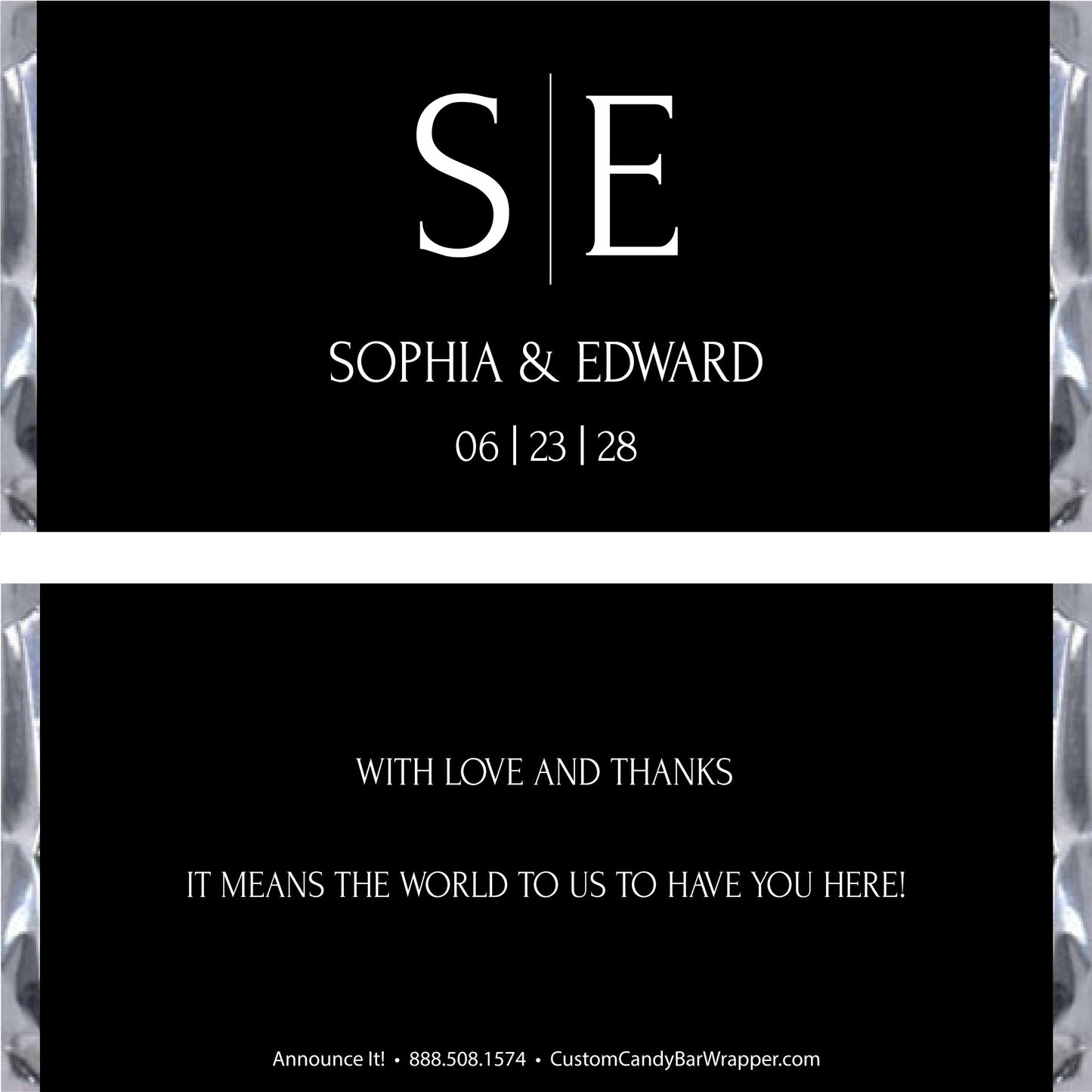 Customizable black candy bar wrapper front and back design with white text, featuring monogram initials