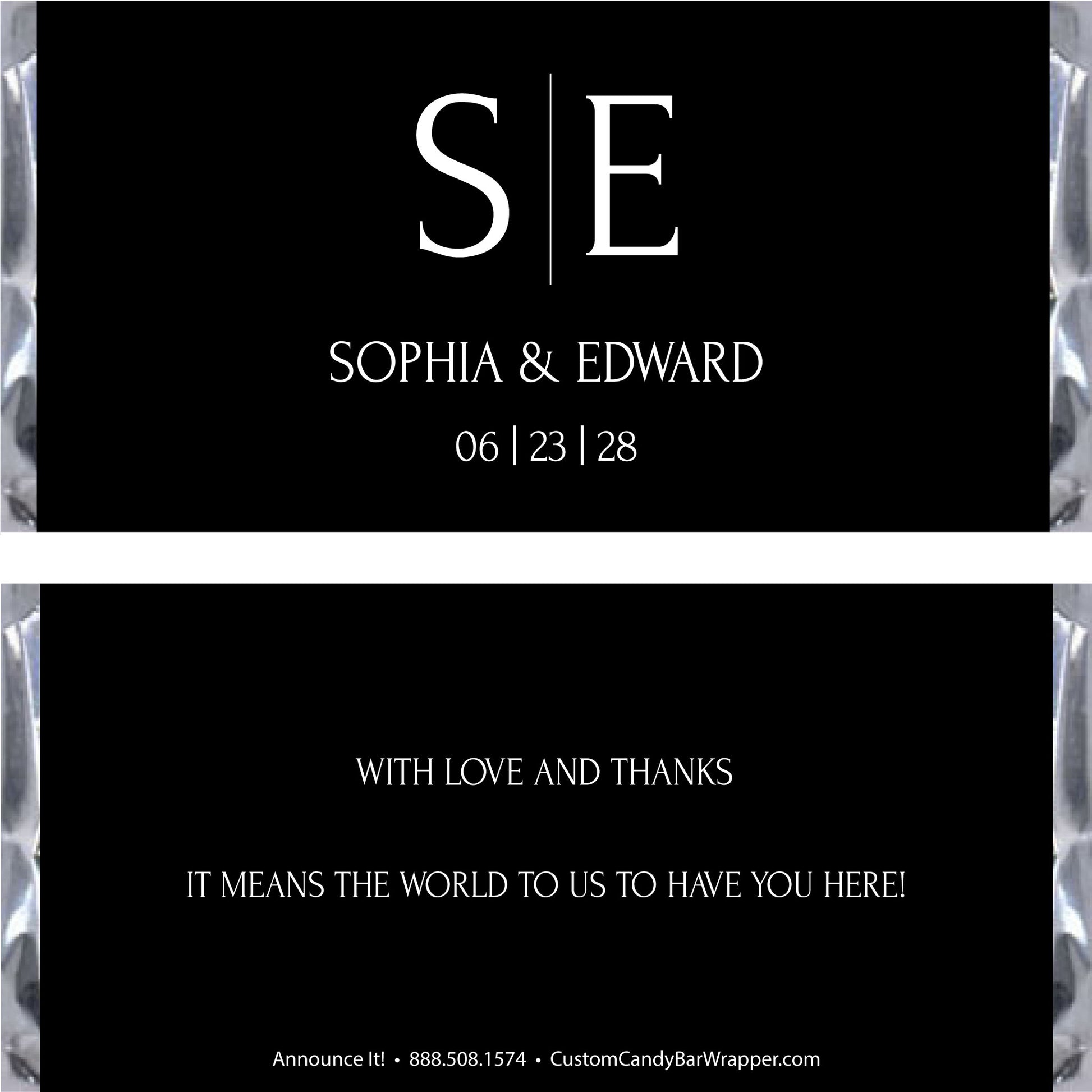 Customizable black candy bar wrapper front and back design with white text, featuring monogram initials