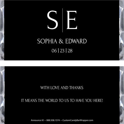 Customizable black candy bar wrapper front and back design with white text, featuring monogram initials