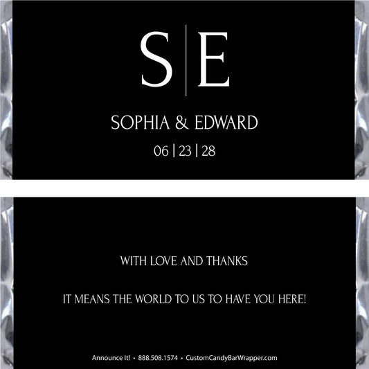Customizable black candy bar wrapper front and back design with white text, featuring monogram initials