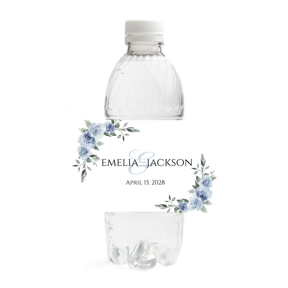 A clear plastic water bottle shown on a white background with a dusty blue wedding design printed label wrapped around it.