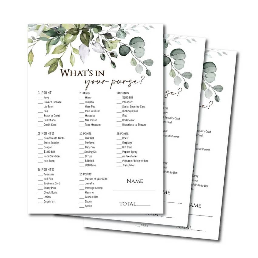 Greenery What's In Your Purse Bridal Shower Game Printable