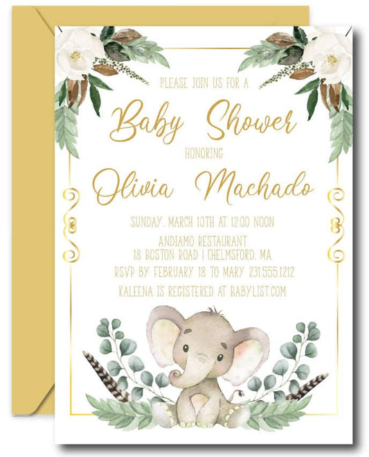 Gold Elephant Baby Shower Invitations