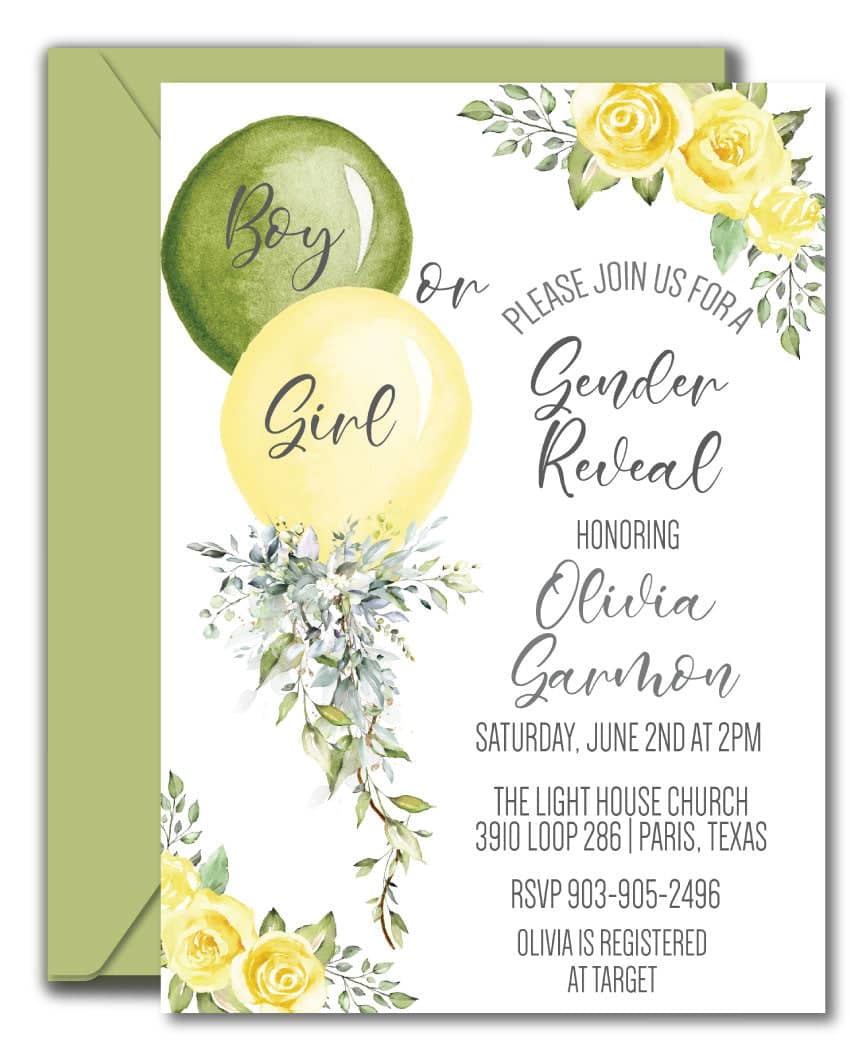Yellow and Green Gender Reveal Invitations