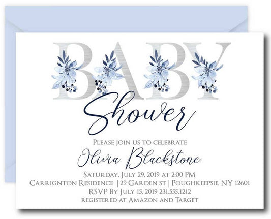 Silver Floral Alphabet Baby Shower Invitations