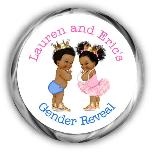 Prince or Princess Gender Reveal Kisses Stickers, African American Babies