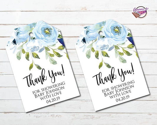 Blue Floral Baby Shower Thank You Tags