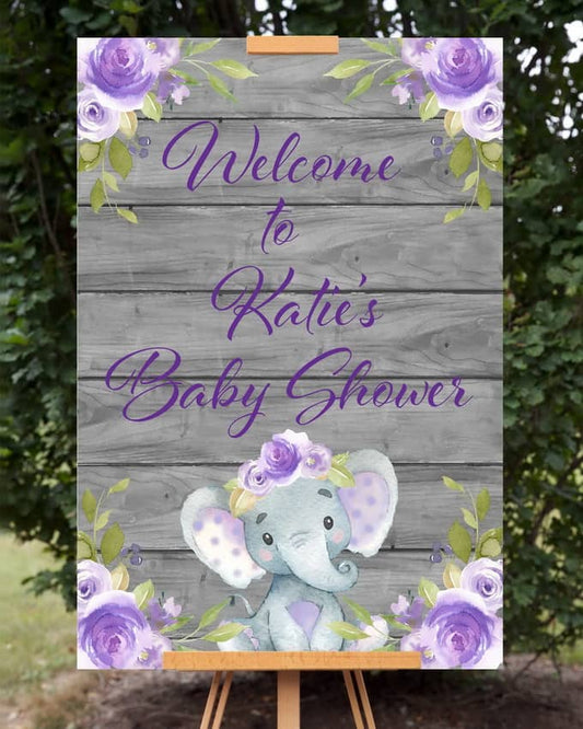 Purple Elephant Baby Shower Welcome Sign