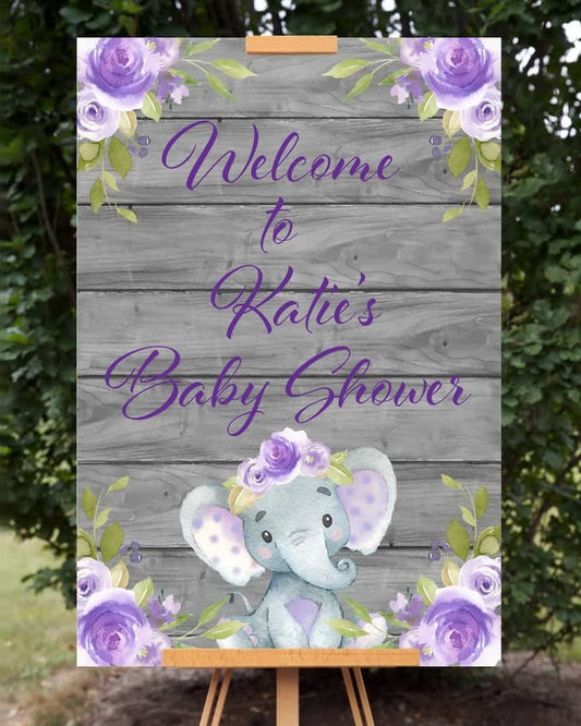 Purple Elephant Baby Shower Welcome Sign