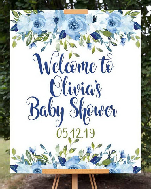 Blue Floral Baby Shower Welcome Sign