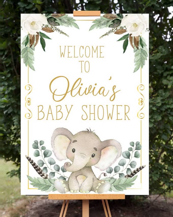 Gold Elephant Baby Shower Welcome Sign