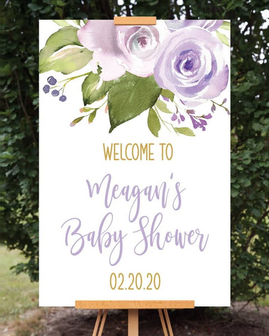 Purple Floral Baby Shower Welcome Sign