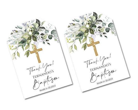 Greenery Baptism Thank You Tags - Gold Cross