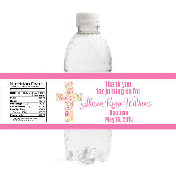 Floral Cross Baptism Bottle Label