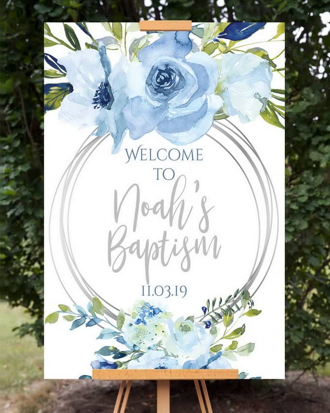 Blue Floral Baptism Welcome Sign, Silver Accents