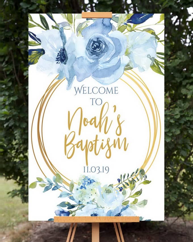 Blue Floral Baptism Welcome Sign, Gold Accents