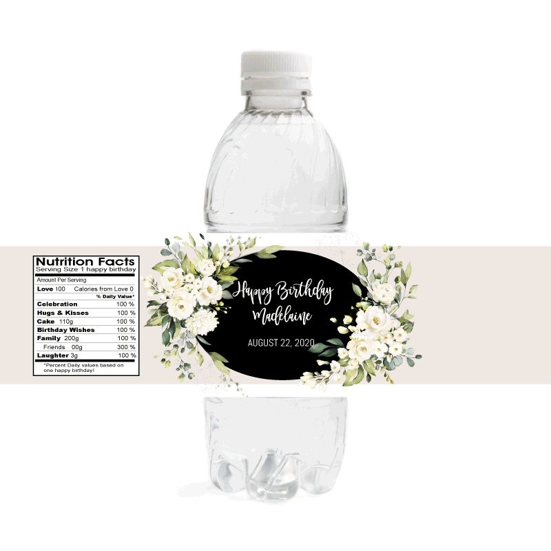 White Floral Birthday Water Bottle Labels