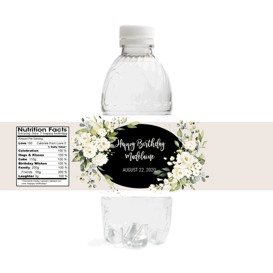White Floral Birthday Water Bottle Labels