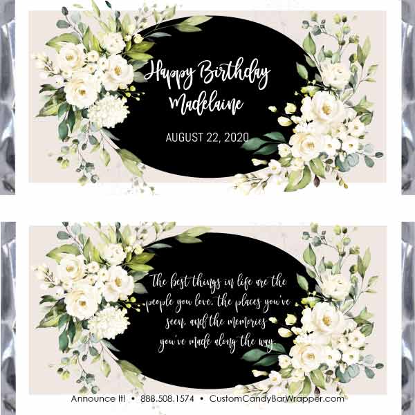 White Floral Birthday Candy Bar Wrappers