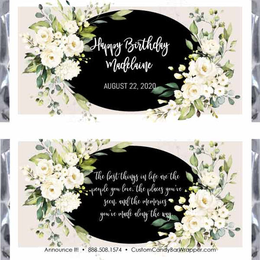 White Floral Birthday Candy Bar Wrappers