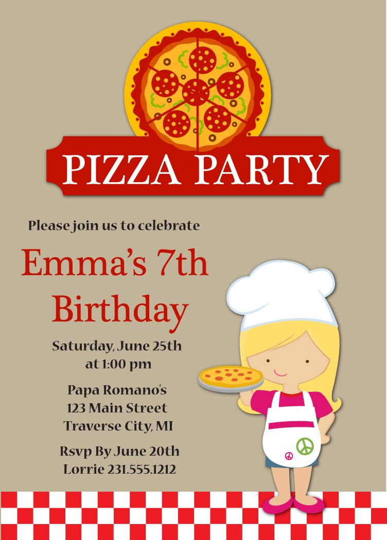 Girls Pizza Party Birthday Invitation